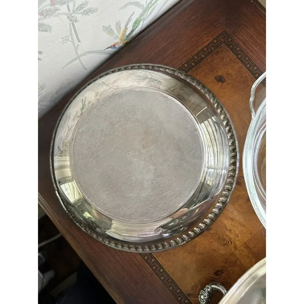 Vtg Eales Fire King 1779 Silverplated Server Clear Glass Nested Bowl Anchor Hock